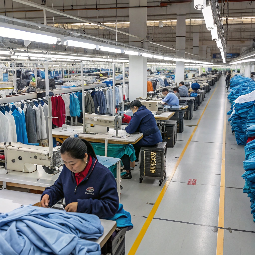 A large clothing factory in China with rows of workers operating sewing machines, surrounded by organized fabric racks and industrial equipment.