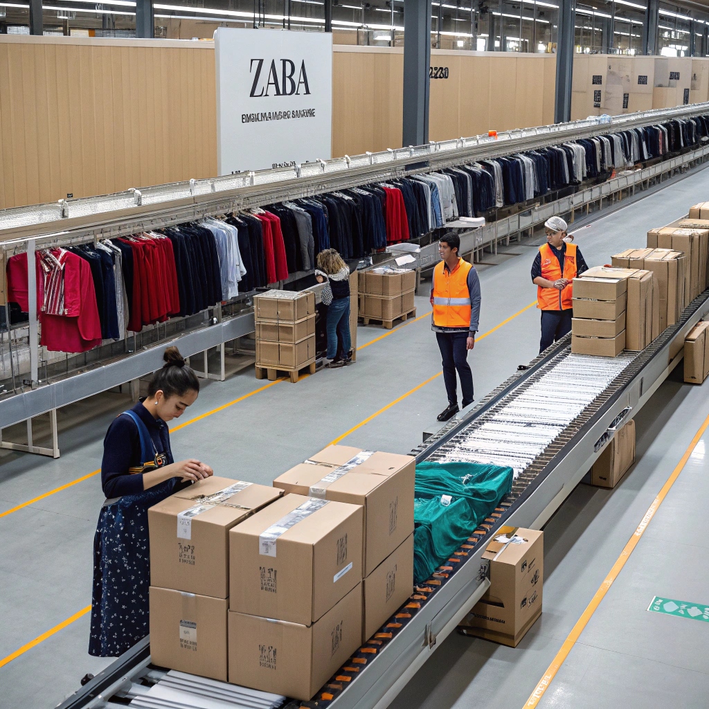 A Zara distribution center with neatly packaged clothing on conveyor belts, workers organizing boxes, and racks of finished garments ready for shipment.