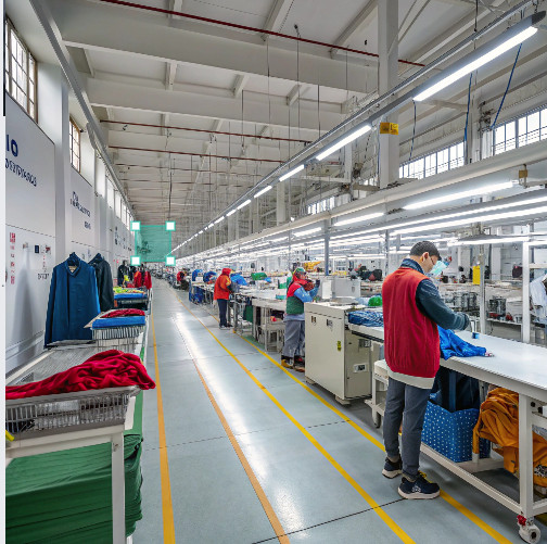 Modern garment production line with workers handling clothing in a factory, showcasing quality manufacturing