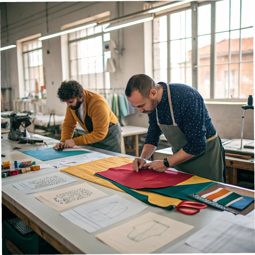 Designers crafting colorful garment patterns, creative workspace with sketches and fabrics