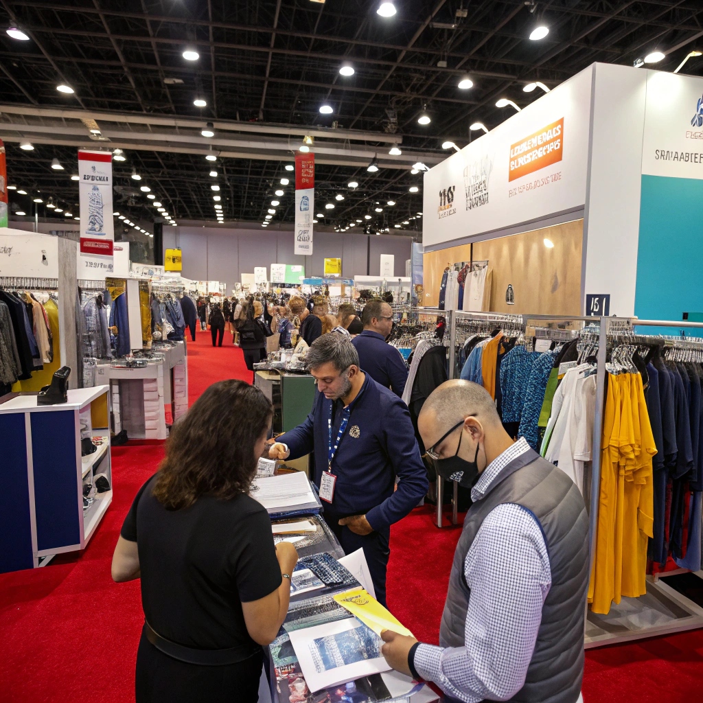 Trade show interaction, people networking with manufacturers in a vibrant exhibition hall