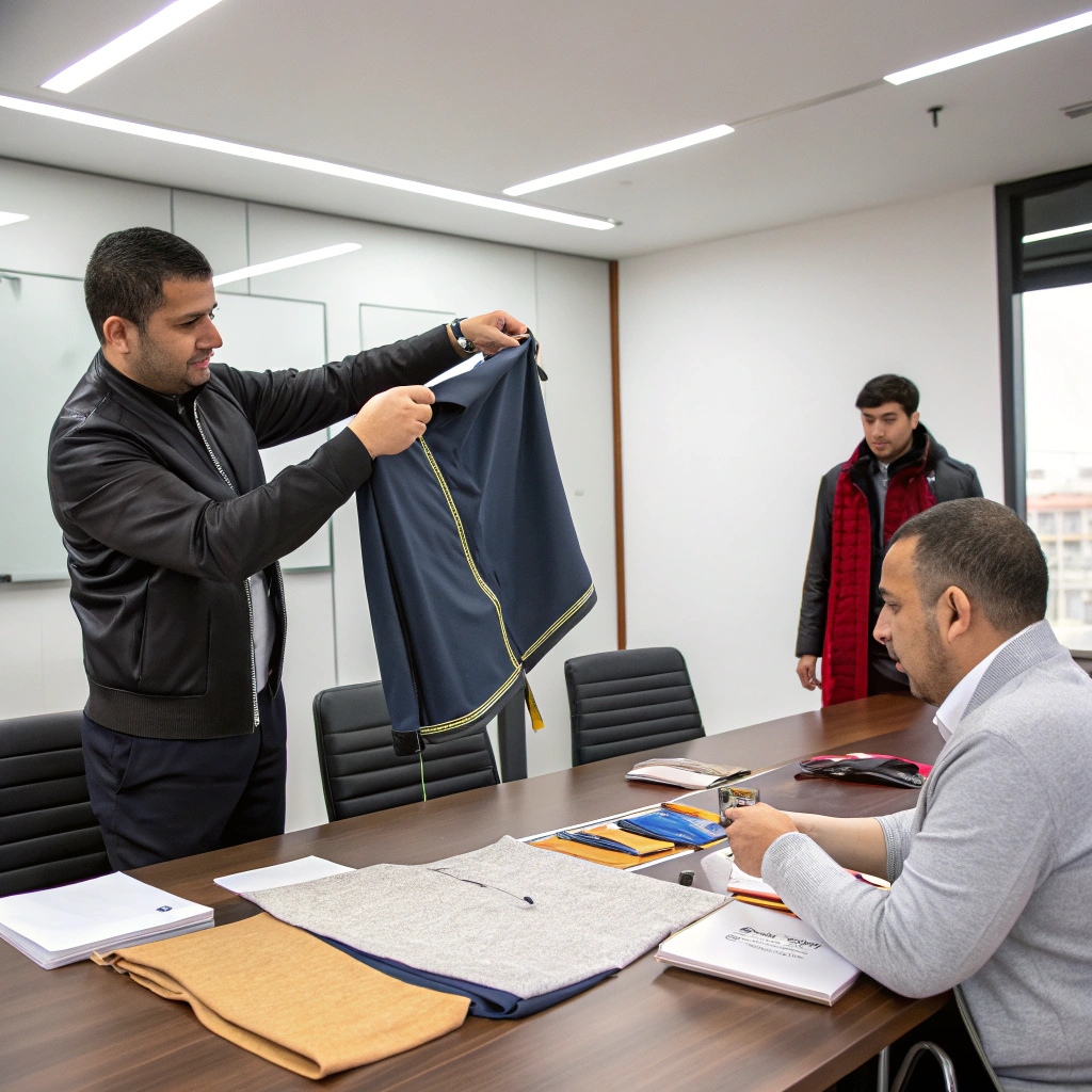 Inspecting garment quality, a buyer evaluates a navy fabric sample in a professional meeting room setting.