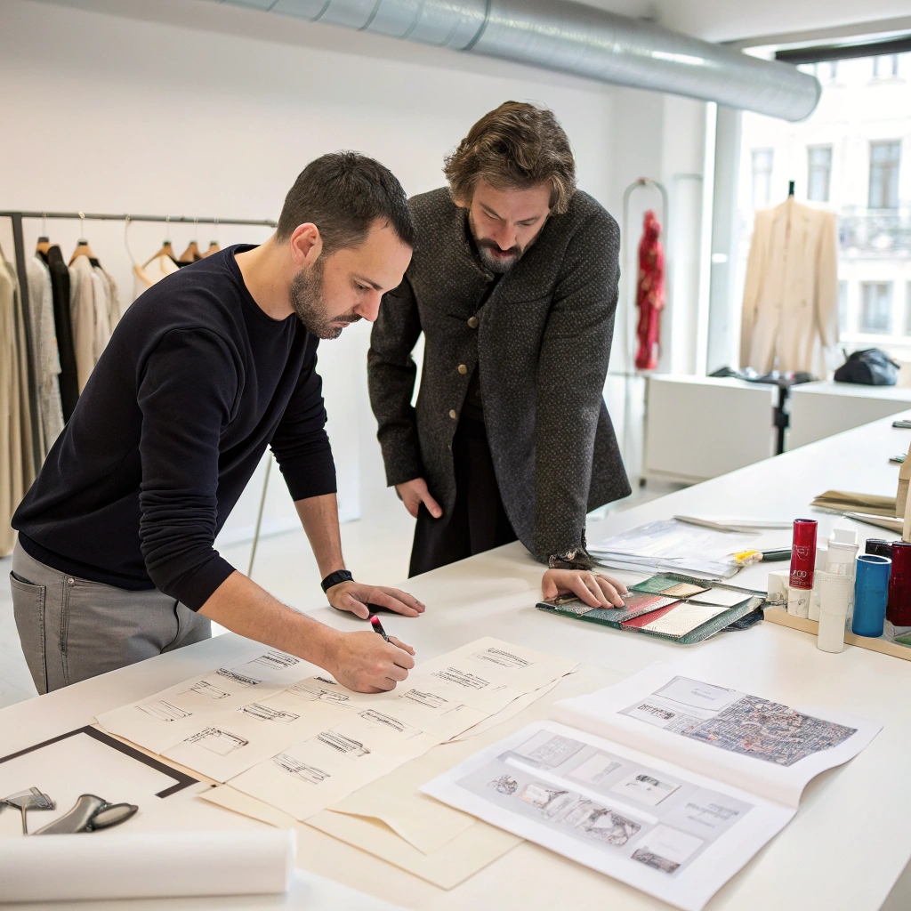 Designer and manufacturer reviewing custom sketches and fabric samples in a bright studio setting.