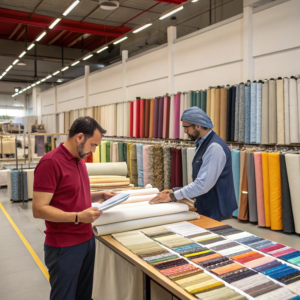 Buyer and supplier examining fabric rolls and swatches in a colorful textile warehouse.