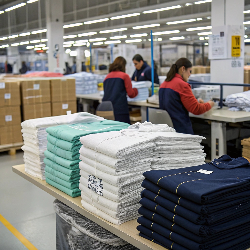 Factory workers preparing stacks of folded garments for shipping in a well-organized manufacturing facility.