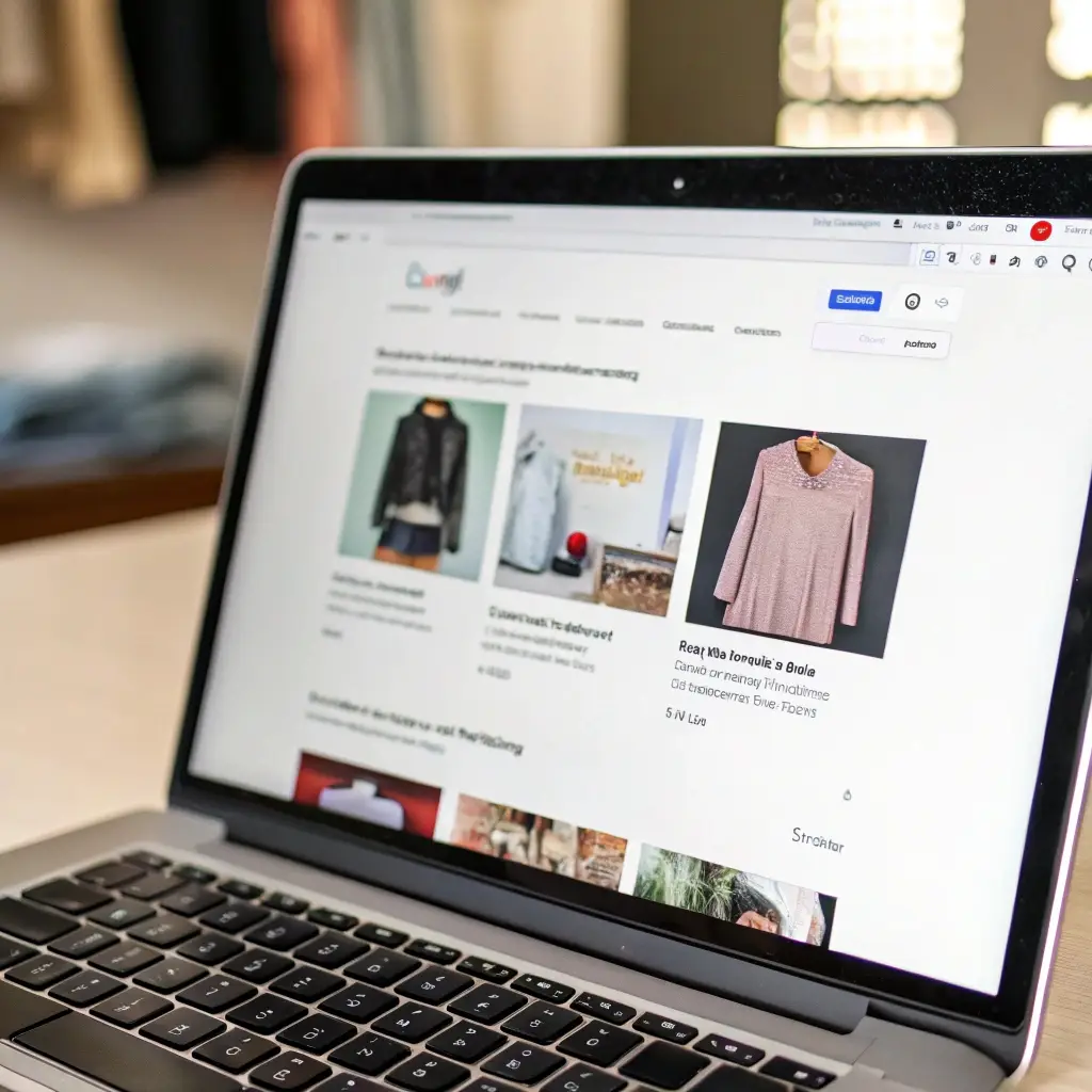 Searching clothing manufacturers online, a laptop screen displaying a platform with clothing options and company descriptions.