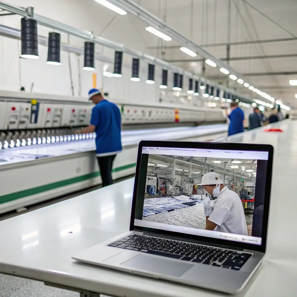 Modern clothing production line, a clean factory with workers ensuring precision and efficiency using advanced equipment.