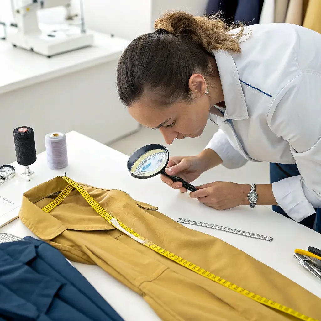 Professional inspecting a garment, using a magnifying glass to examine fabric and stitching quality.