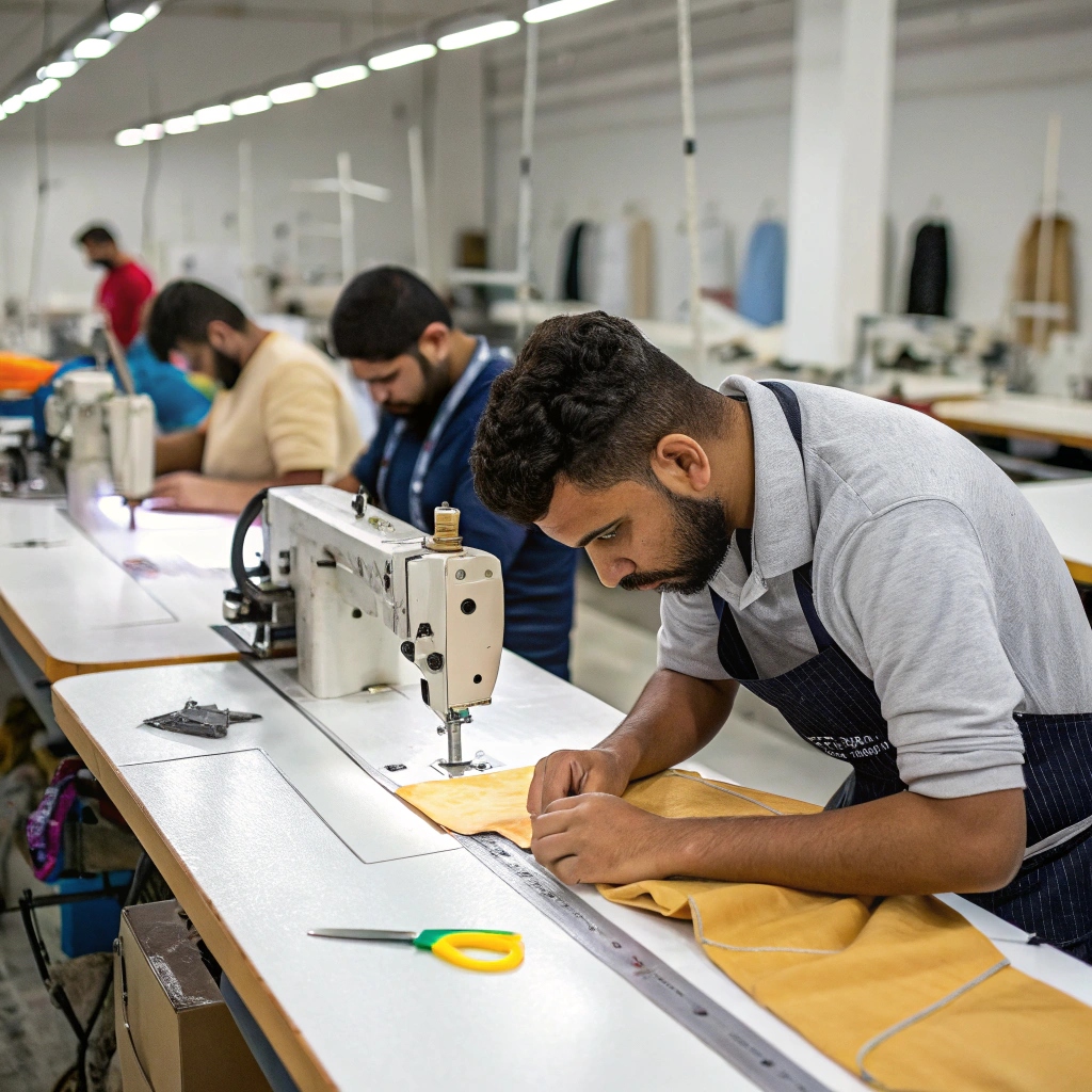 Skilled workers sewing garments in a modern factory, demonstrating precision and quality craftsmanship.