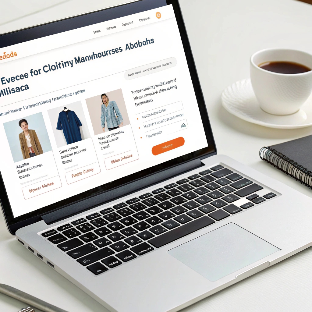 Laptop displaying an online platform with clothing manufacturers, showcasing product listings and details for sourcing.