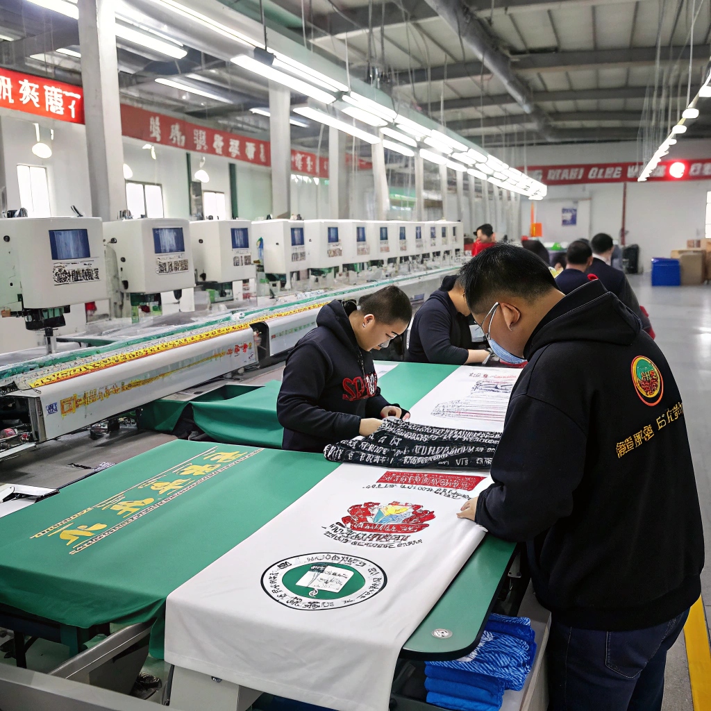 Workers adding custom logos and designs to garments in a modern production facility, showcasing customization capabilities.