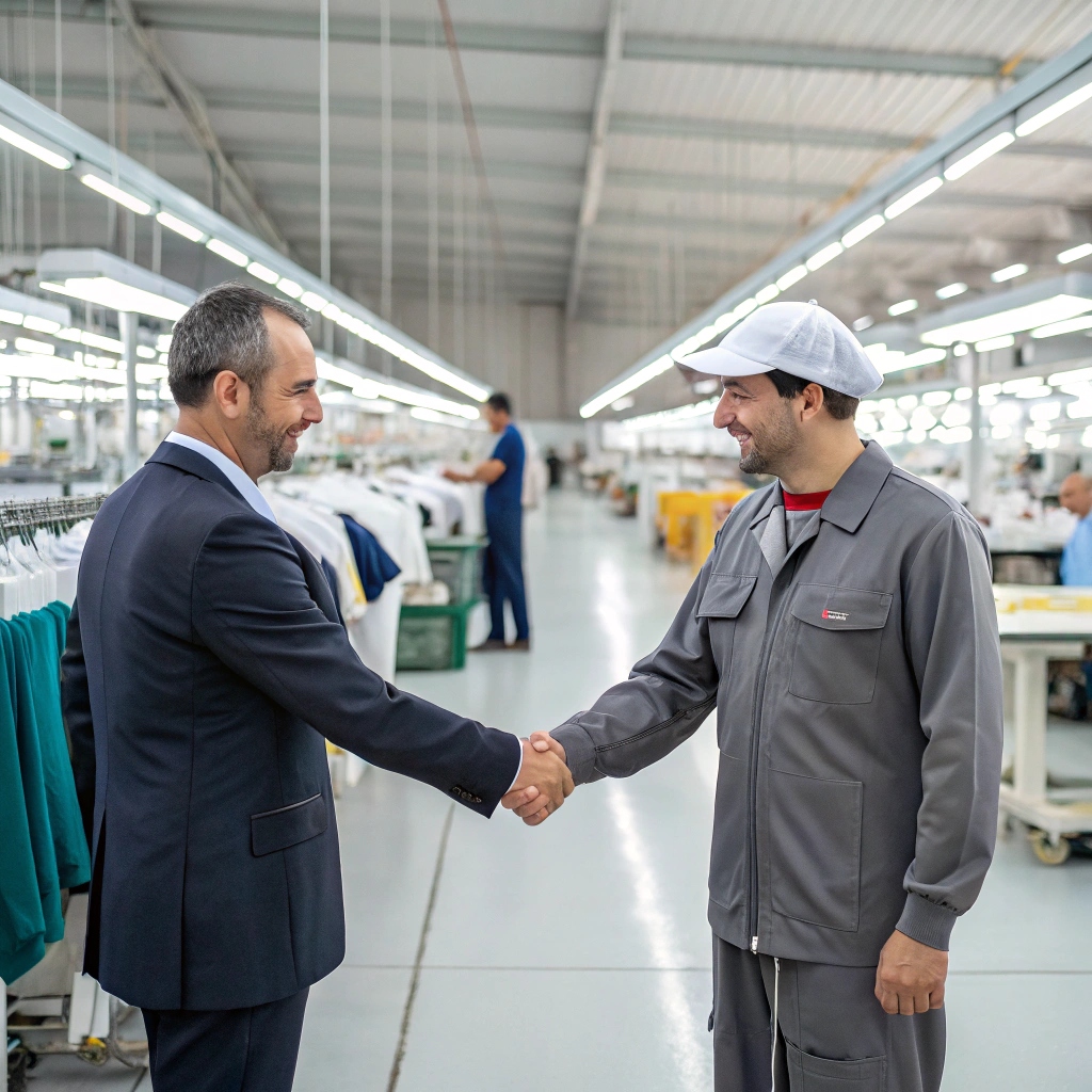 Business owner shaking hands with a factory manager inside a modern clothing production facility, symbolizing trust and partnership.