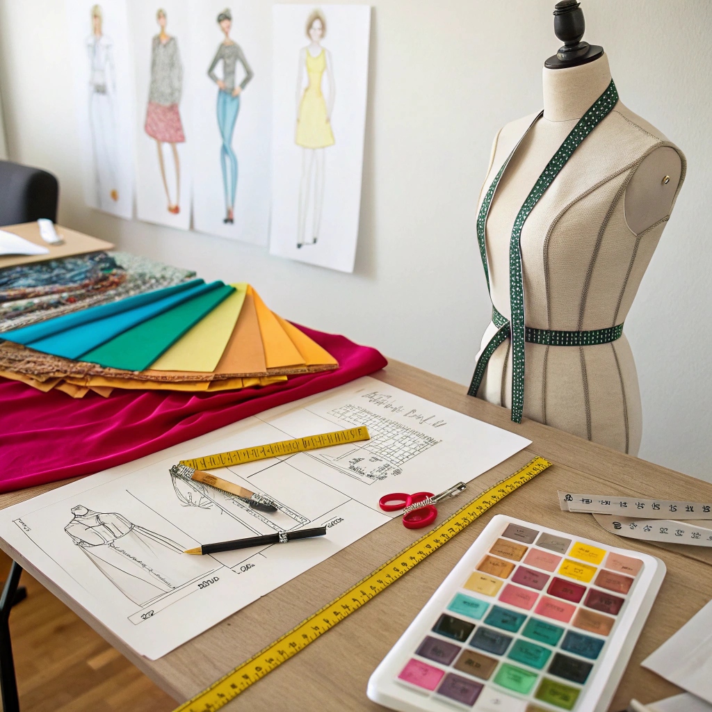 Designer’s workspace with clothing sketches, fabric swatches, and a mannequin, showcasing the creative process.