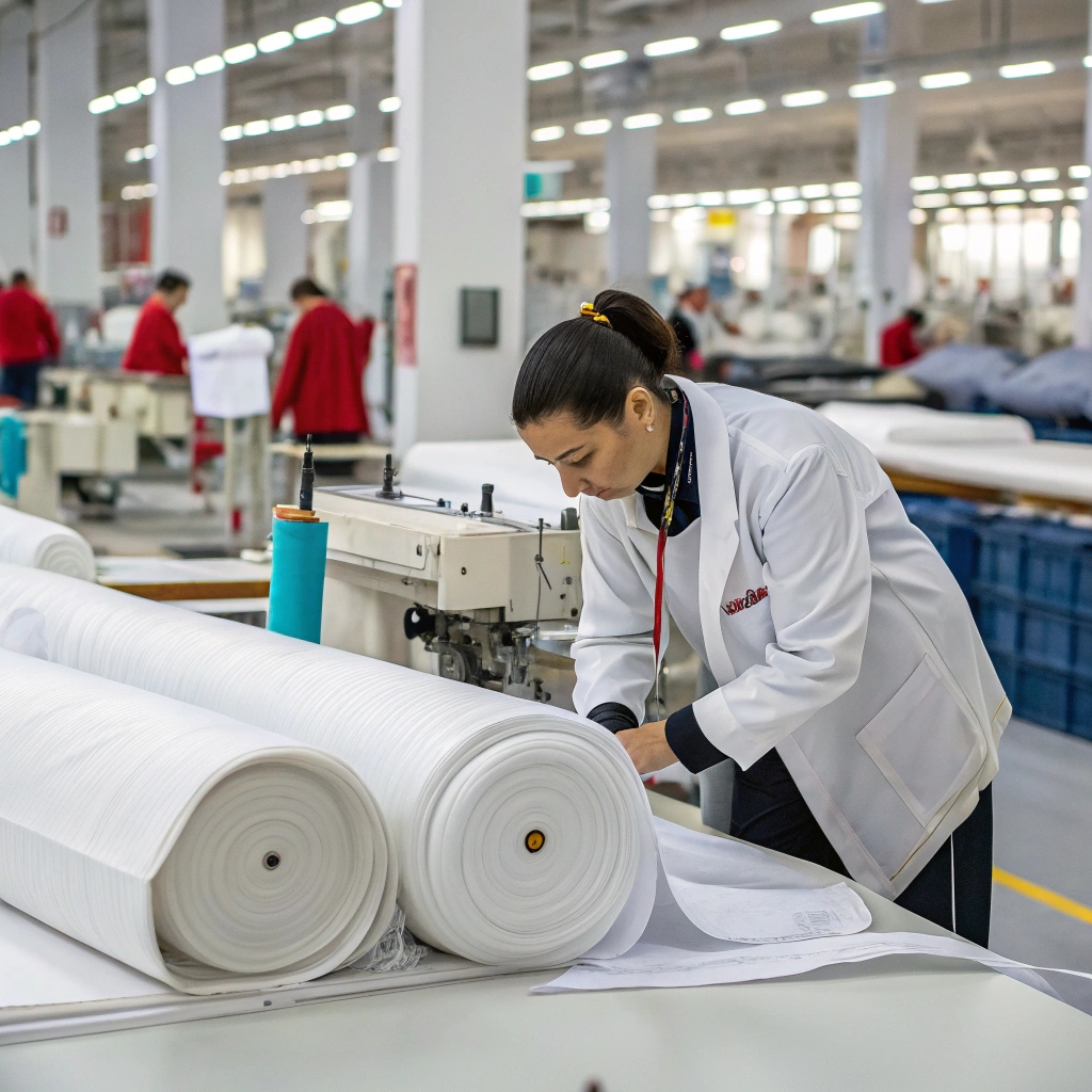 A professional inspecting fabric rolls in a modern clothing factory, ensuring quality standards.