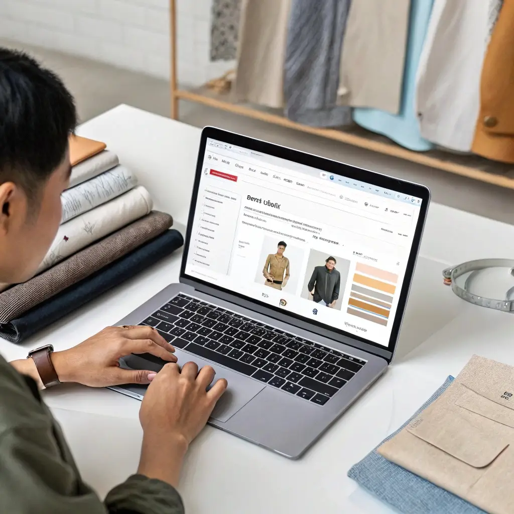Browsing online platforms for clothing manufacturers, a person searches garment suppliers on a laptop while surrounded by fabric samples and design tools.