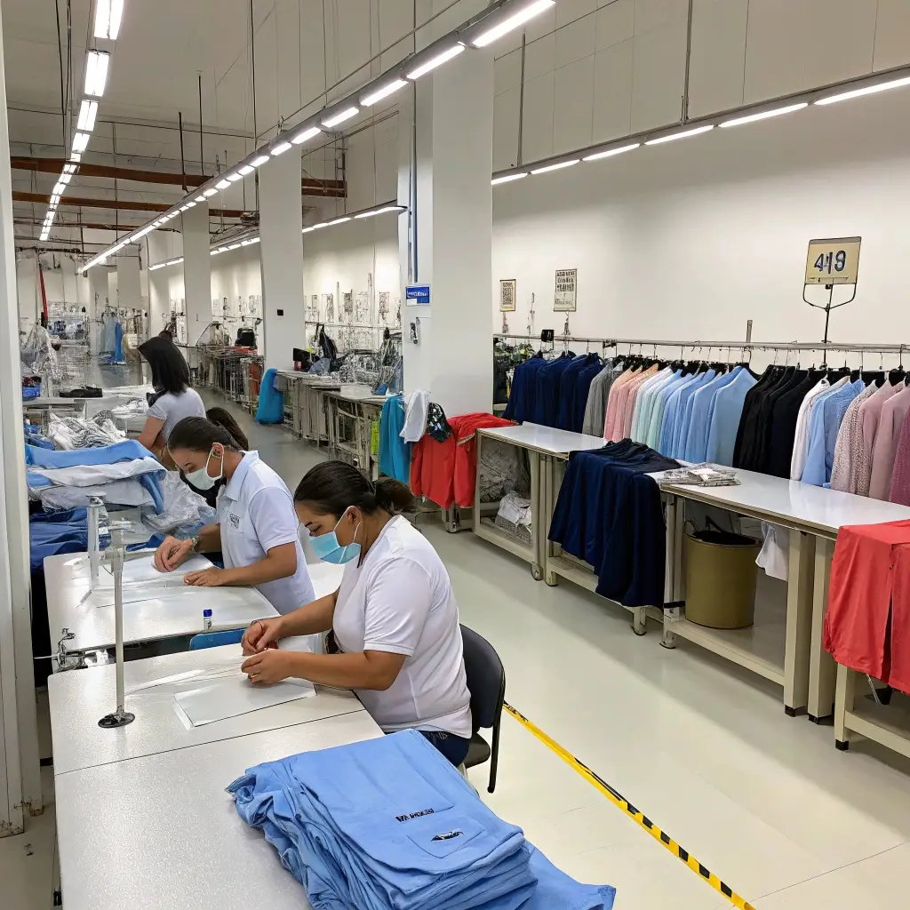 Small-scale garment production, workers in a clean factory prepare clothing for packaging with racks of finished garments in the background.