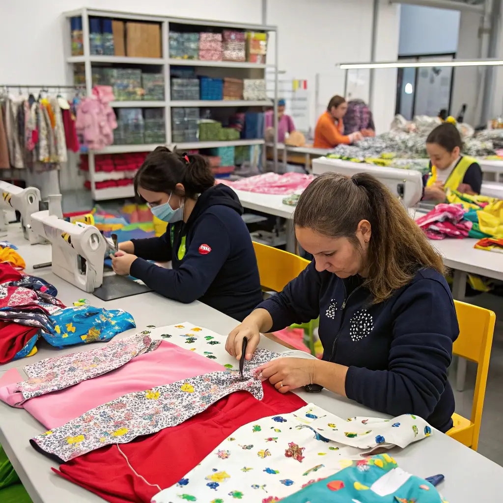 Specialized kids' clothing manufacturing, workers carefully sewing colorful and patterned garments in a well-organized factory setting.