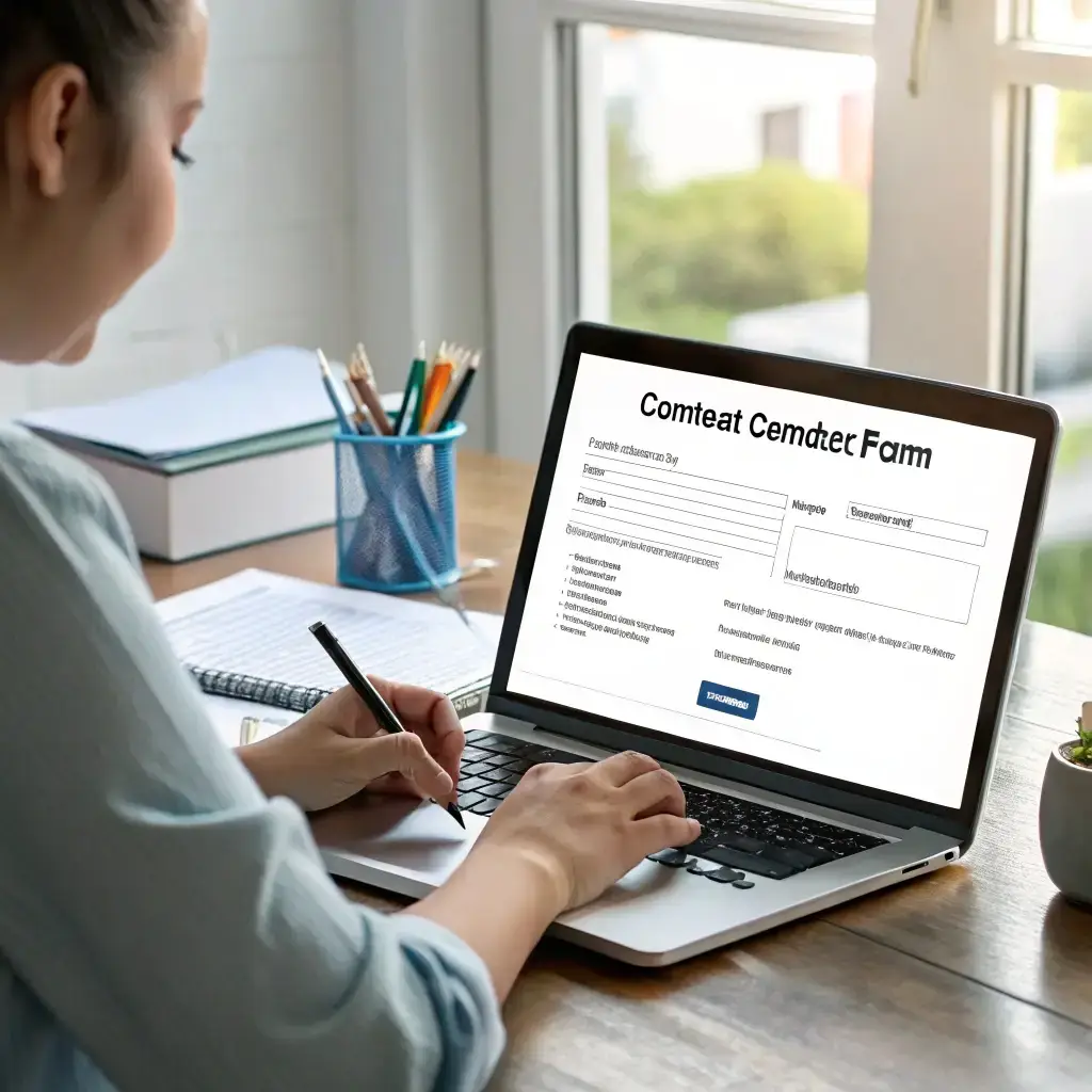 Submitting an inquiry to a clothing manufacturer, a professional fills out a detailed contact form on a laptop with notes and sketches nearby.