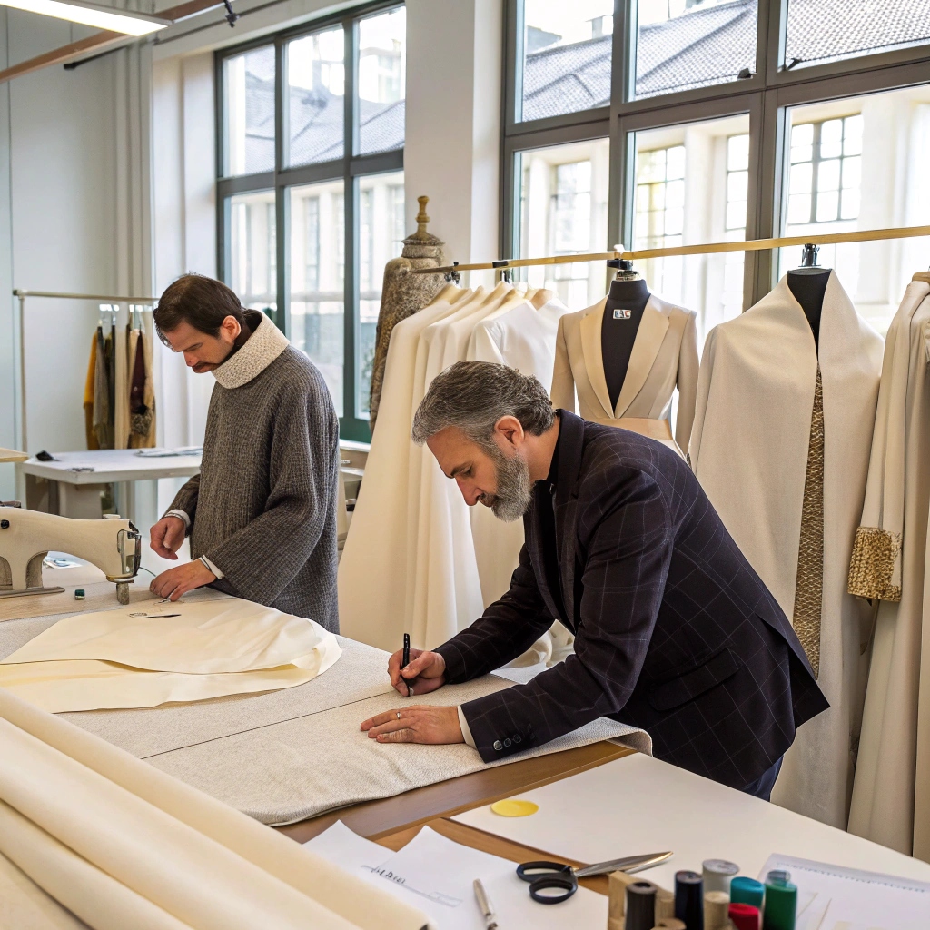 Tailors crafting luxury garments, showcasing skilled craftsmanship and high-quality materials.