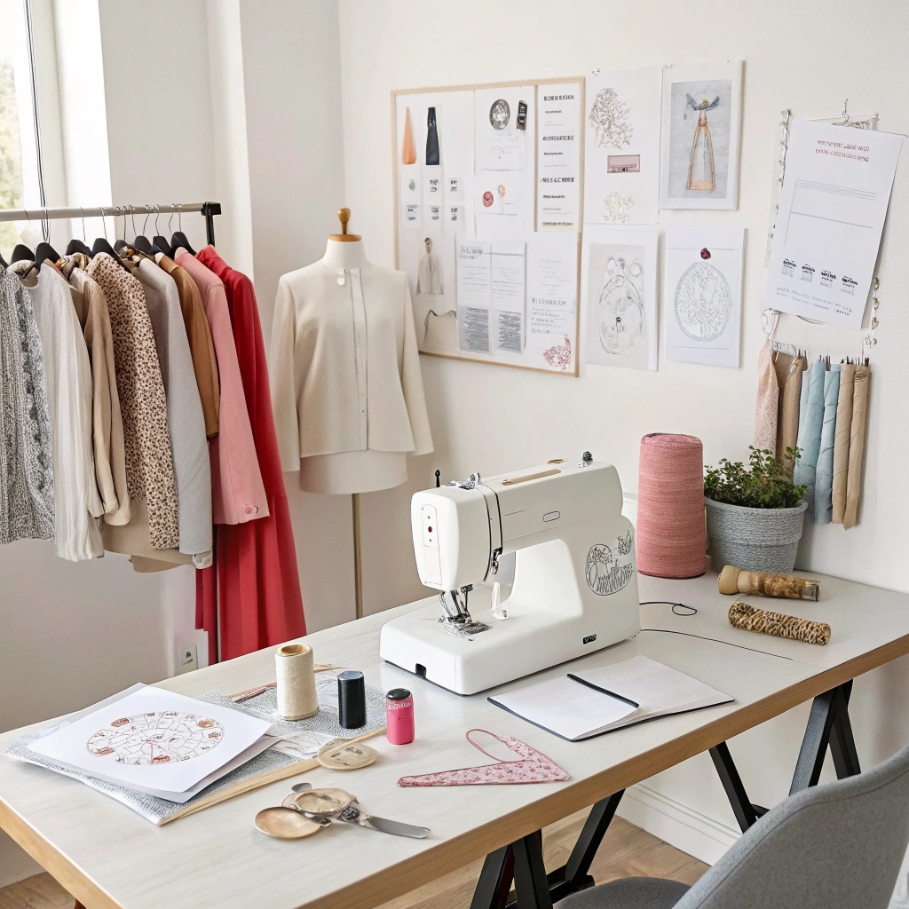 A cozy clothing design studio featuring a sewing machine, fabric samples, and design sketches, perfect for small-scale clothing startups.