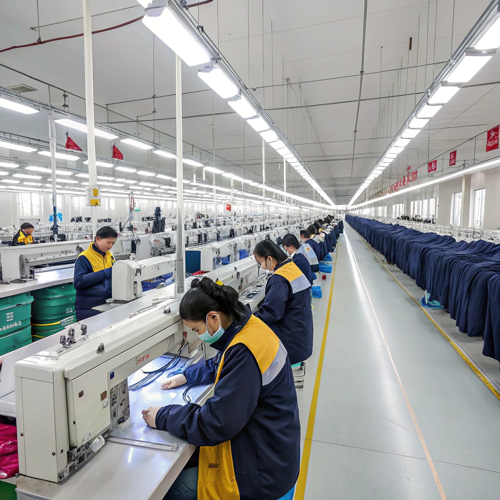 A large-scale modern clothing factory in China with rows of workers sewing garments, showcasing efficiency and affordability.