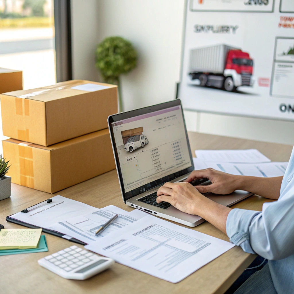 An office desk with a laptop showing logistics planning, shipping boxes, and documents, highlighting operational costs for a clothing line.