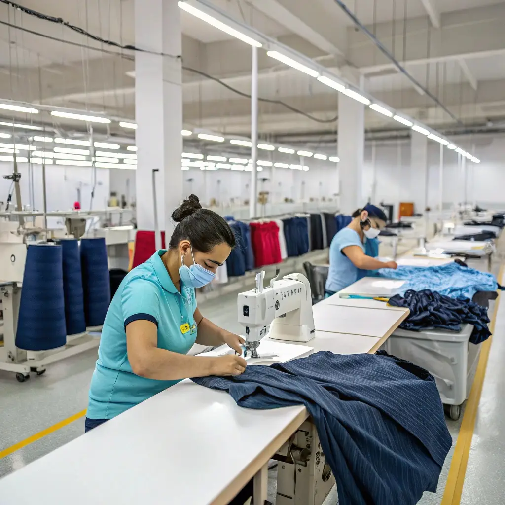 Factory workers sewing garments, showcasing clothing production in progress in a clean, well-lit facility.