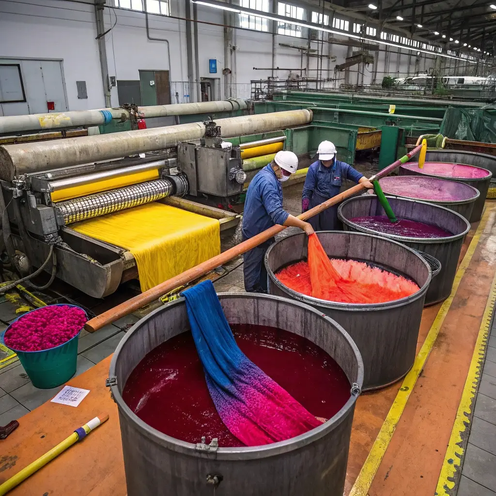 Workers dyeing fabric in large industrial vats with vibrant colors, showcasing the textile dyeing process.
