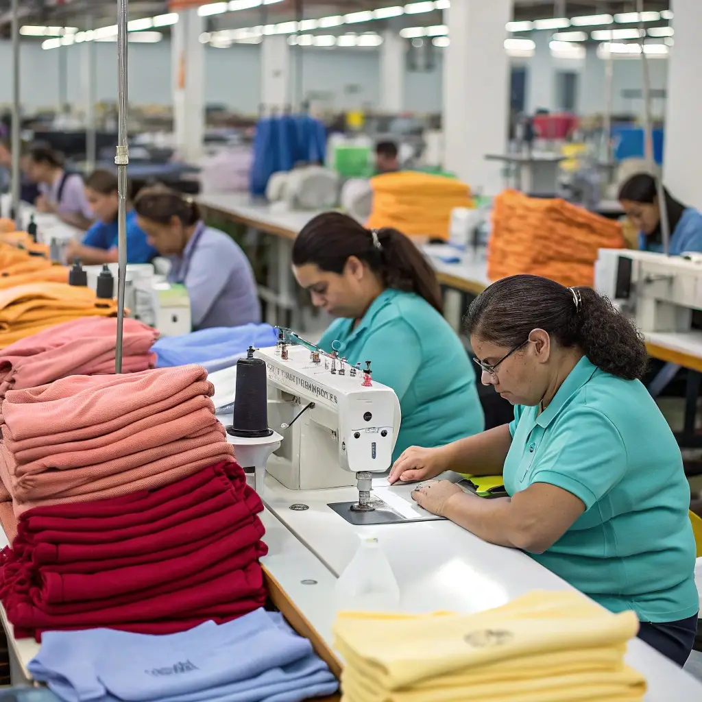 Factory workers sewing garments on a production line, with stacks of colorful fabric showcasing the clothing manufacturing process.