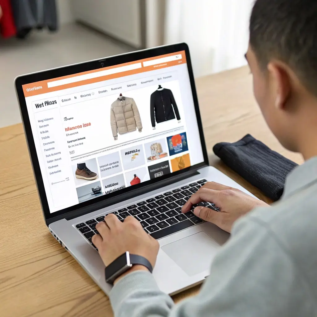 Person searching for clothing manufacturers online, browsing supplier listings and product options on a laptop.