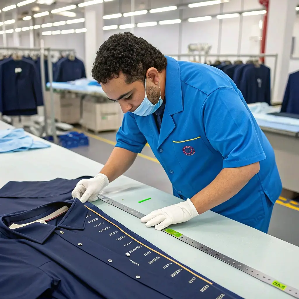 Quality control inspection in clothing factory, ensuring precise measurements and high standards