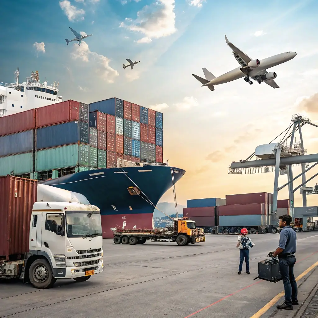 Global logistics hub for clothing distribution, featuring cargo ships, trucks, and airplanes