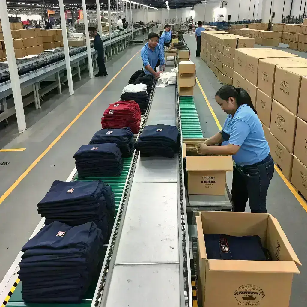 Clothing packaging and distribution center, workers packing garments into boxes for shipment