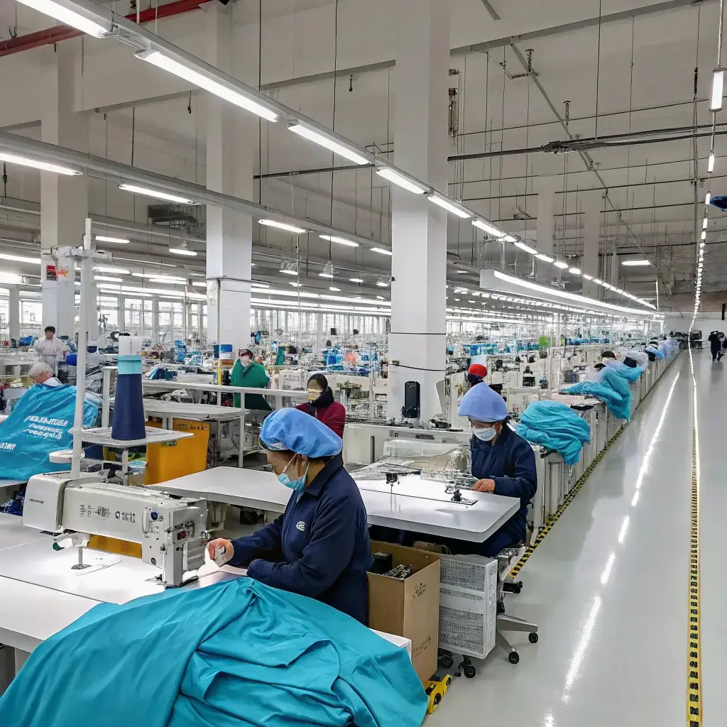 Large-scale clothing factory with workers sewing garments in an organized production line