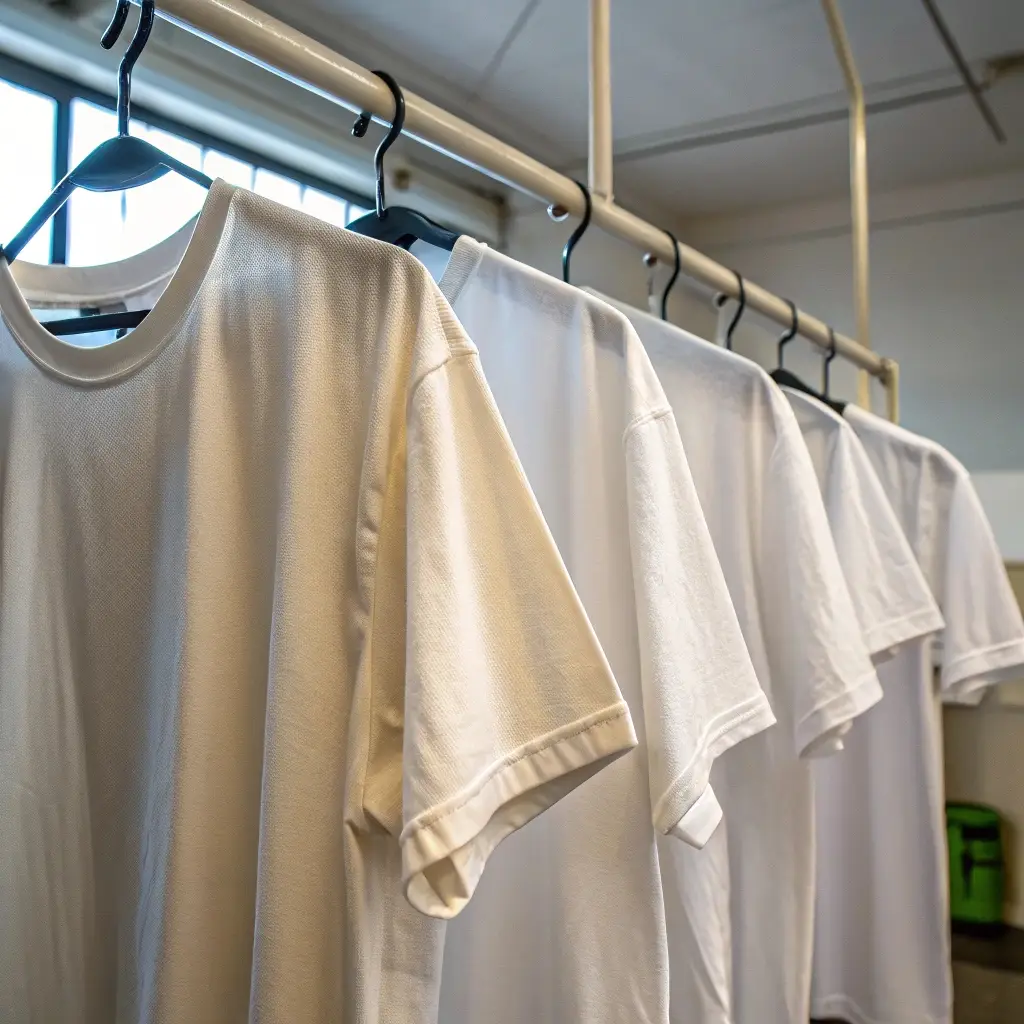 White T-shirts hanging on a rack, showcasing fabric quality and durability