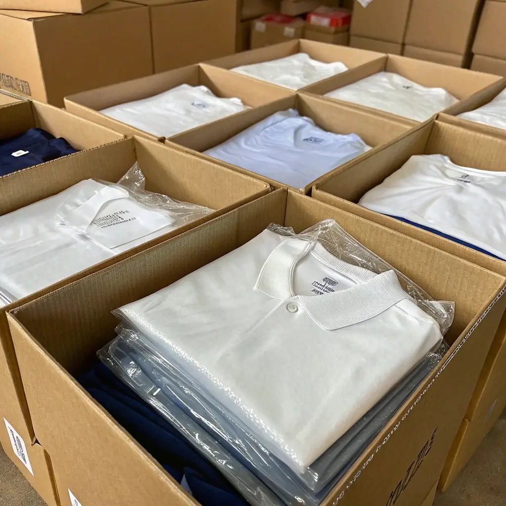 Bulk-packaged white T-shirts neatly arranged in cardboard boxes, ready for distribution