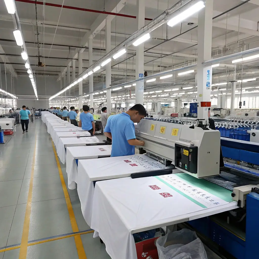 Workers in a large T-shirt printing factory, using automated machines for mass production