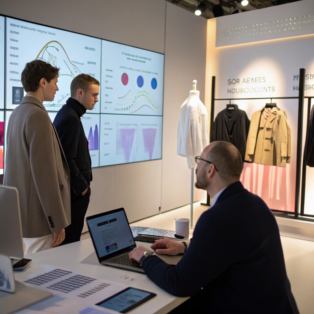 Fashion buyers discussing trends and customization at an exhibition