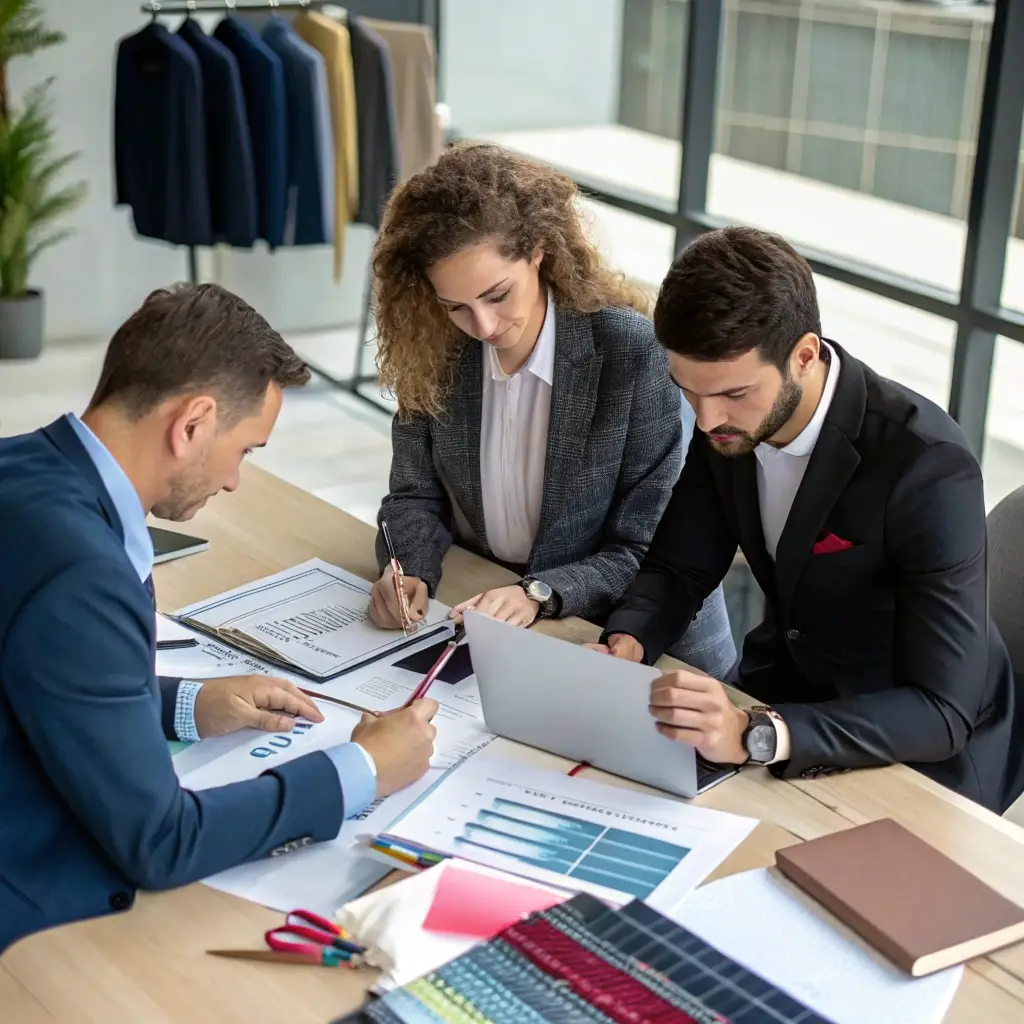 Business meeting on clothing production costs, fabric price analysis