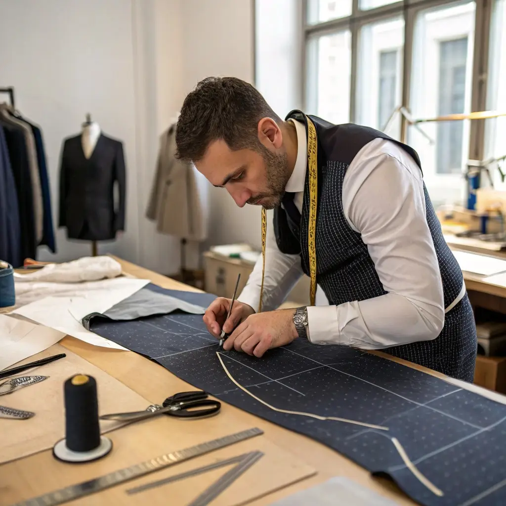 Tailor designing custom garment, luxury clothing craftsmanship