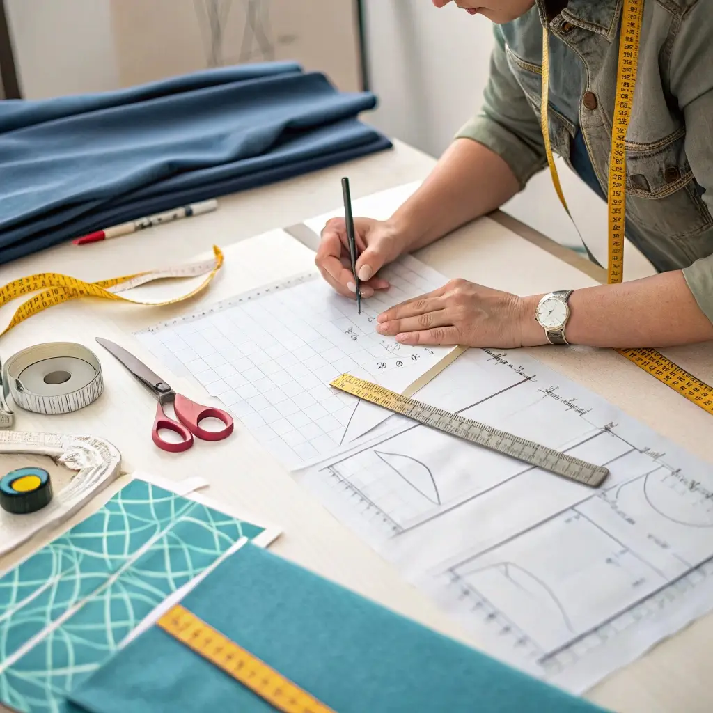 Fashion designer drafting clothing patterns, custom garment creation