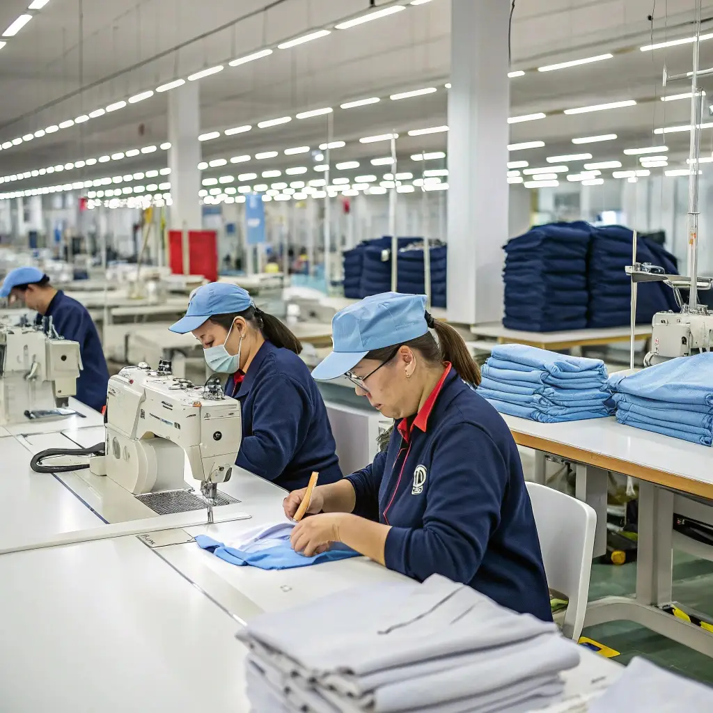 Professional clothing factory, skilled workers sewing garments in a well-lit facility