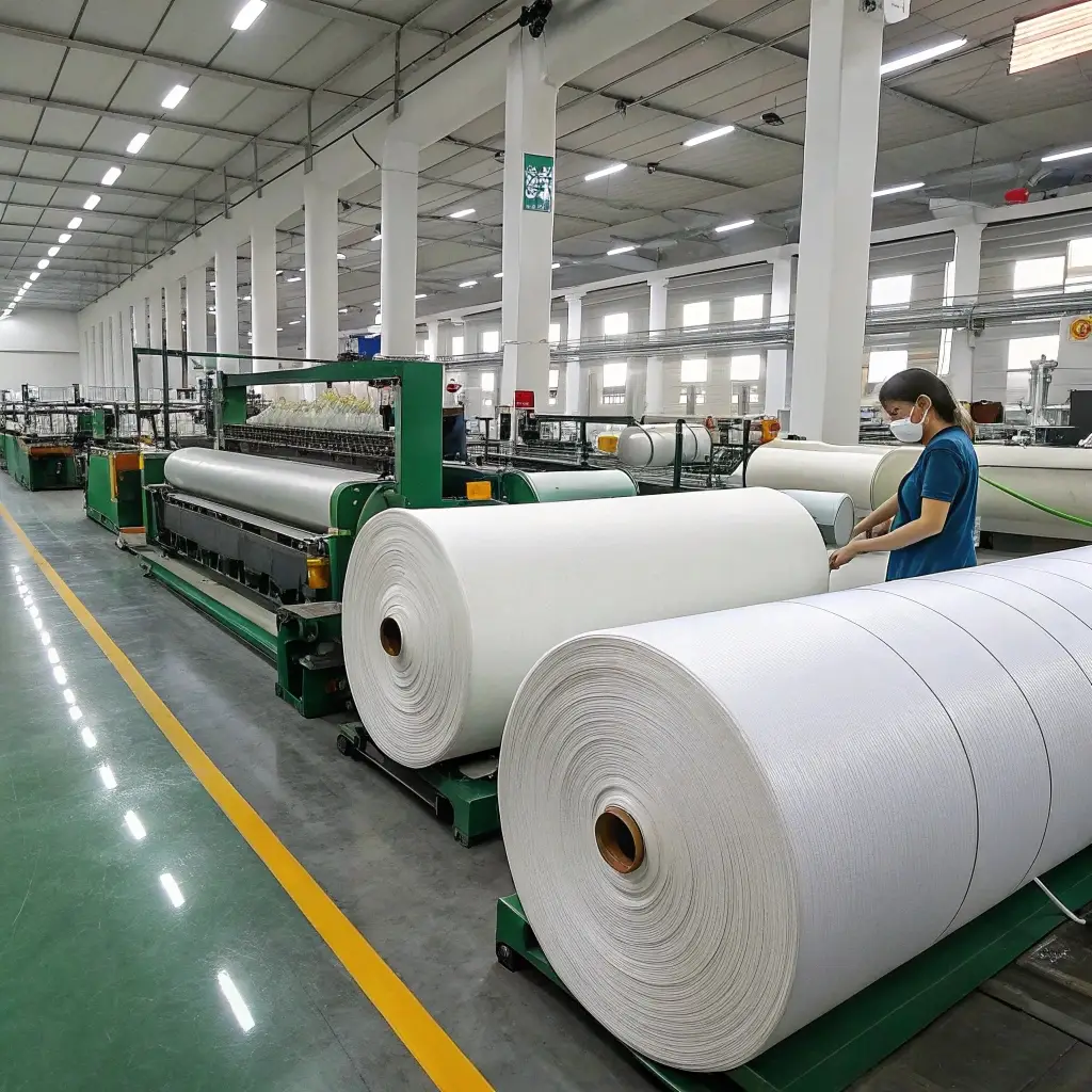 Textile manufacturing facility, worker handling large fabric rolls in an industrial setting