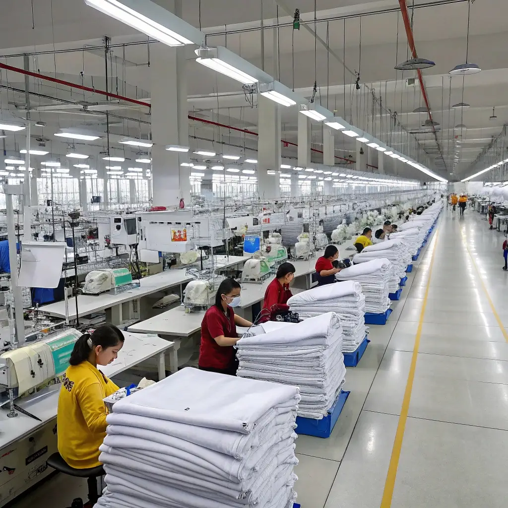 Large-scale garment factory, workers sewing and assembling clothes in an organized production line