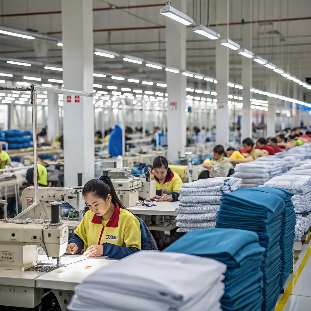Busy garment factory, workers sewing and assembling clothes in a high-efficiency production line