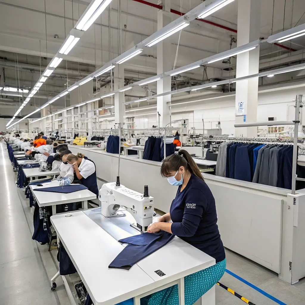 Modern clothing factory with workers sewing garments, bright and organized workspace
