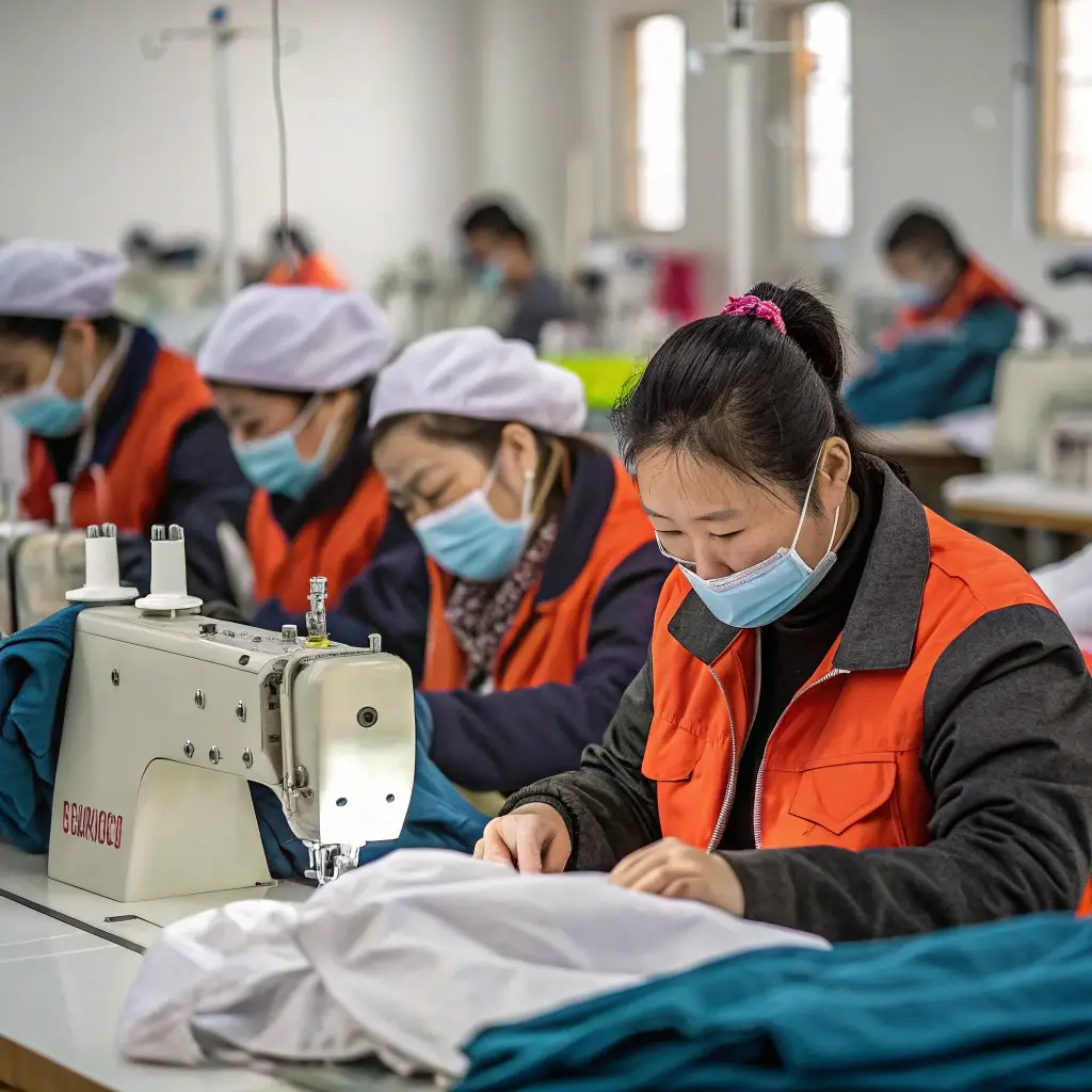 Skilled textile workers sewing garments in a busy clothing factory, focused on precision