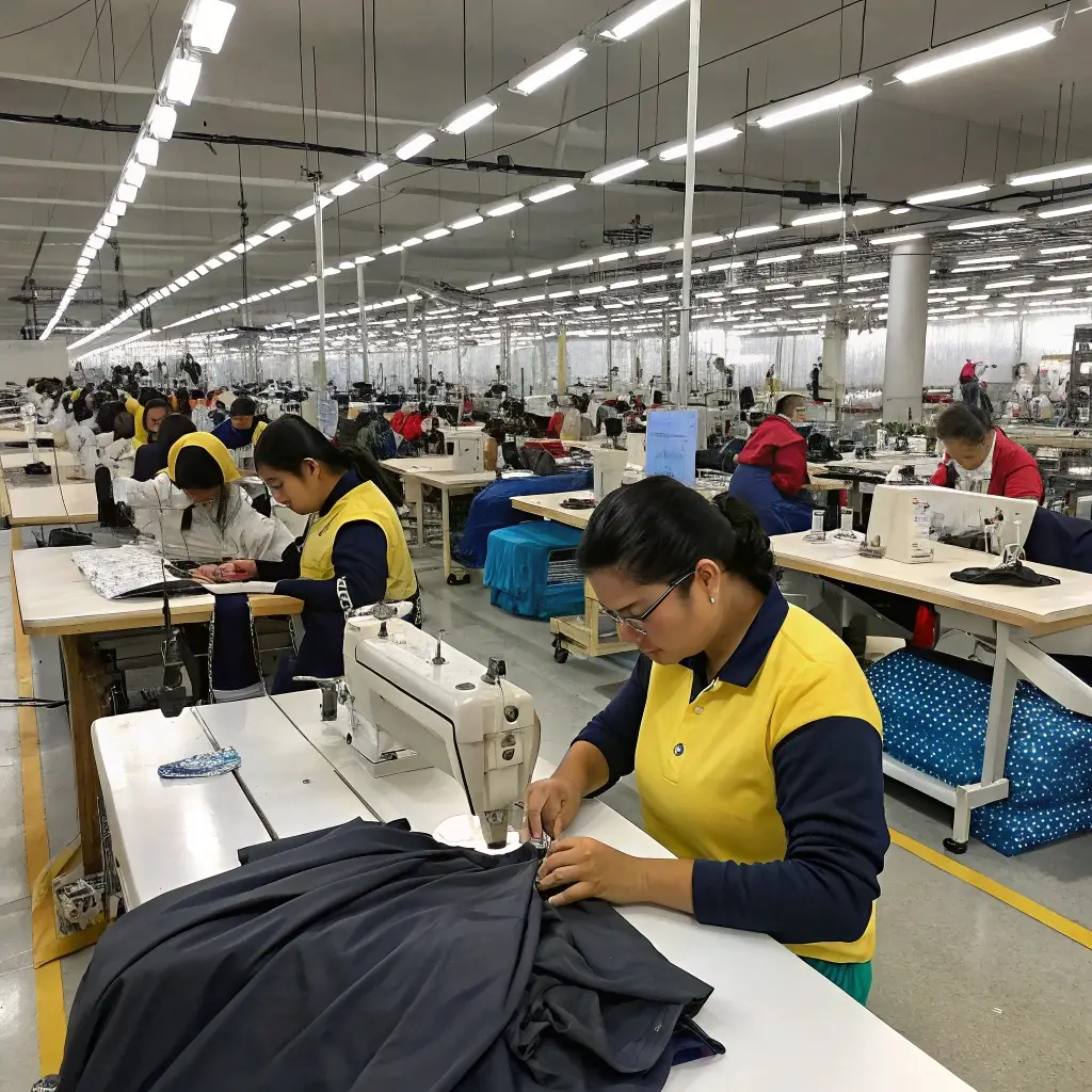 Busy garment factory with workers sewing clothes in a large, well-lit production facility