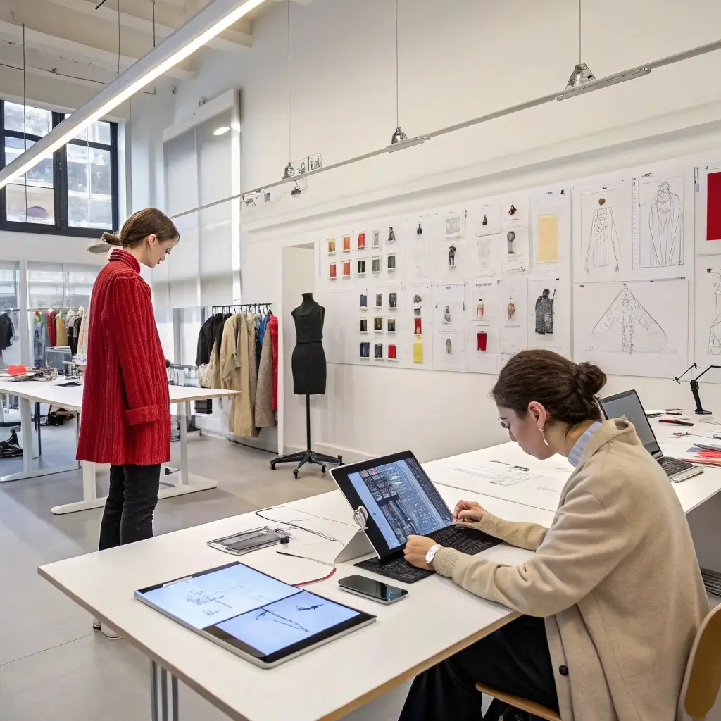 Fashion designer working on digital sketches in a modern clothing design studio