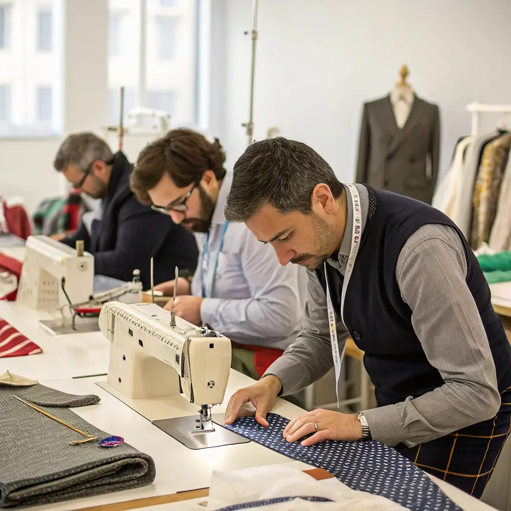 Skilled tailors carefully sewing garments in a high-end fashion atelier